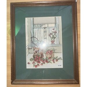 Vintage 1960's Petit Point Boho Still Life Strawberry Eggs Basket